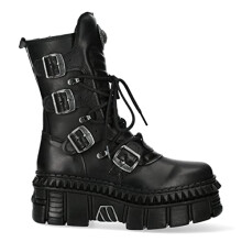 New Rock Boots Punk WALL373-S6 Unisex Metallic Black Leather Platform EMO - Black 3 UK