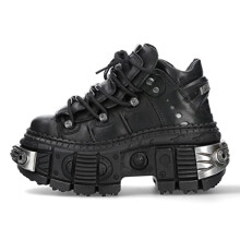 New Rock Boots WALL106-S10 Unisex Metallic Black Leather Platform Gothic Boots - Black 12 UK