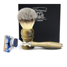 Mens Shaving Kit Synthetic Hair Shaving Brush & 5 Edge Razor with Stimulated Horn Handle Comes in Gift Box