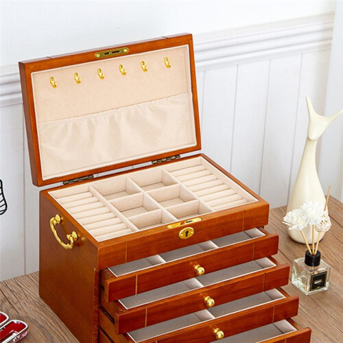 Vintage Solid Wood Jewelry Storage Box Metal Pull Ring Five-Layer Drawer Necklace Ring Earring Solid Wood Storage Box 1