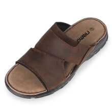 riemot Men's Leather Slide Sandals Open Toe Slip On Sandals for Men Brown Casual Summer Sandal Cushioned Comfortable Padded Strap Indoor Outdoor