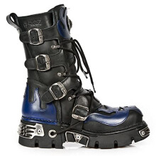 New Rock 107-S2 Mens 100% Leather Silver Skull Devil Metallic Boots - Black Blue 36