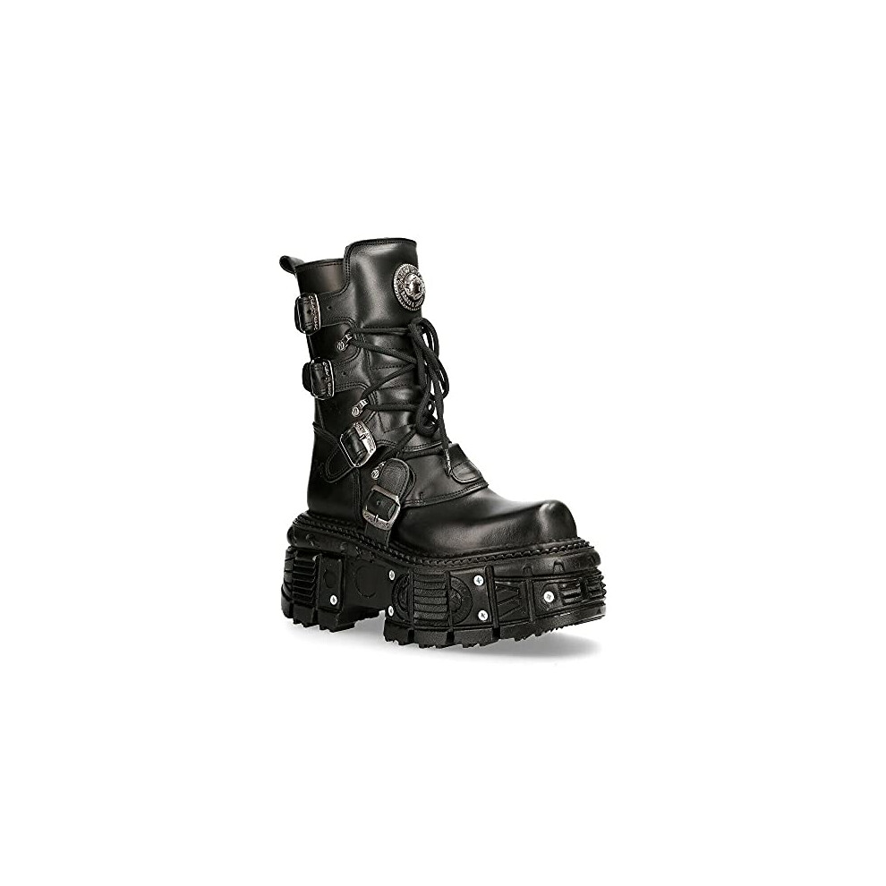 New Rock Boots Tank373-S1 Unisex Black Leather Combat Platform Biker Goth Shoes, Black, 6 Uk