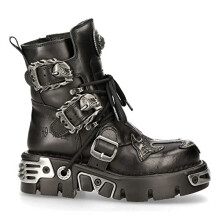 New Rock Mens 407-S1 Silver Cross Black Reactor Sole Leather Ankle Boots Gothic - Black Silver 38