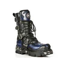 New Rock Unisex 107-C5 Black Blue Metallic Skull Devil Goth Punk Leather Calf Boots 8