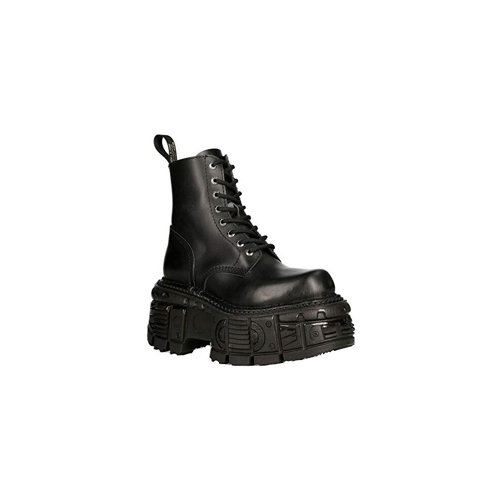 New Rock Boots M-Mili084n-S5 Unisex Metallic Black 100% Leather Techno Platform Military Laces Fastening 12