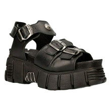 New Rock Boots M-BIOS101-C2 Unisex Metallic Black 100% Leather Sandal Punk Rock with Buckle Fastening 10