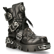 New Rock 407-S1 Silver Cross Buckle Ankle BOOTS Black Leather Gothic Punk Biker Fashion Shoes 5
