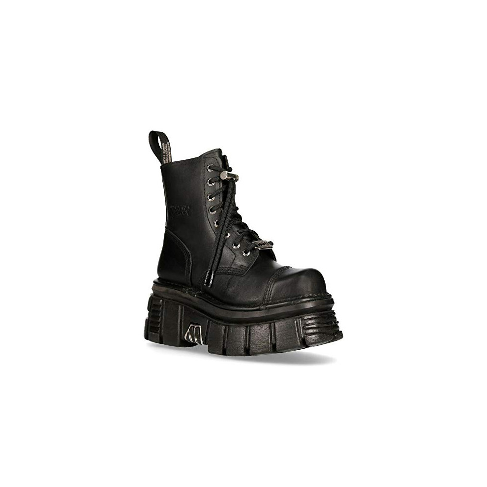New Rock M-Newmili083-S21 Unisex Metallic Combat Boots Black Leather Military Biker Goth Punk Shoes 10