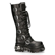 New Rock 272-S1 Metallic Black Leather Gothic Emo Knee High Boots with Lace and Buckle Fastening 8