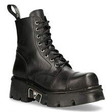 New Rock M-NEWMILI083-S19 Unisex Metallic Combat Boots Black Leather Military Biker Goth Punk Shoes 9
