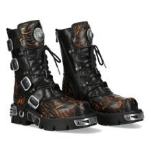 New Rock M-591-C58 Mid-Calf High Black Flame Leather Metallic Gothic Boots