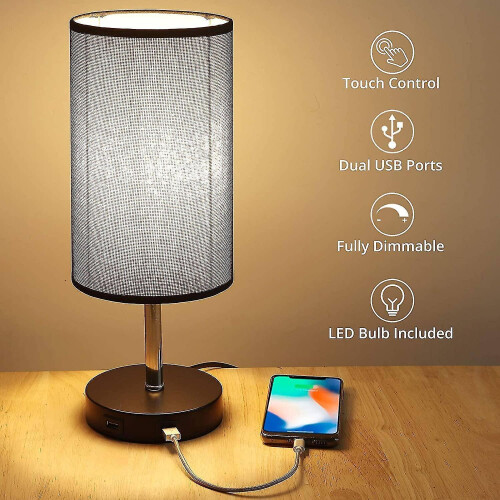 Table Lamp Bedside Lamp with E27 6W Bulb Touch Control 2 Fast Charging USB Ports Gift 1