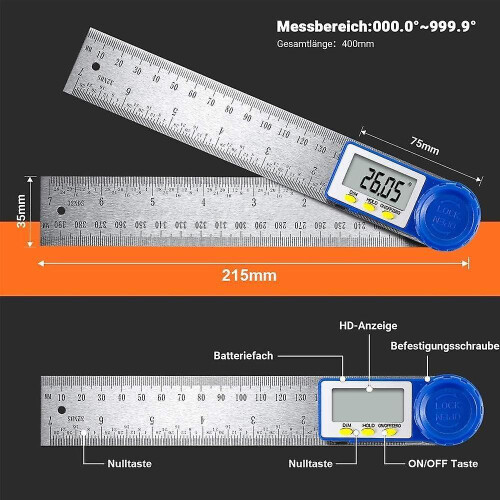 Digital Protractor, Stainless Carpenter Angle Ruler and Square Angle, 360  Measuring Range, Steel R 1