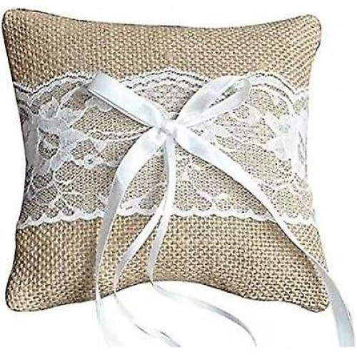 Wedding Ring Bearer Pillow Cushion Burlap and Lace