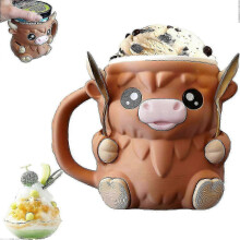 (Brown) Highland Cow Ice Cream Pint Holder, Cute Animal Ice Cream Pint Cooler Containers with Spoon & Handle, Highland Cow Gifts