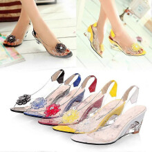 (40, White) Women's Fashion Transparent Rhinestone Wedge Sandals Lady's Peep Toe Glitter Flower High Heel Dress Sandal Shoes