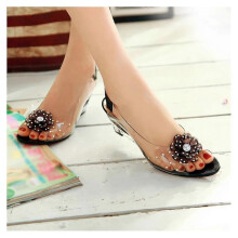 (35, Black) Women's Fashion Transparent Rhinestone Wedge Sandals Lady's Peep Toe Glitter Flower High Heel Dress Sandal Shoes