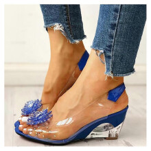 (40, Blue) Women's Fashion Transparent Rhinestone Wedge Sandals Lady's Peep Toe Glitter Flower High Heel Dress Sandal Shoes