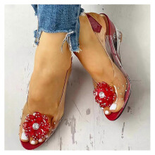 (42, Red) Women's Fashion Transparent Rhinestone Wedge Sandals Lady's Peep Toe Glitter Flower High Heel Dress Sandal Shoes