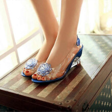 (37, Blue) Women's Fashion Transparent Rhinestone Wedge Sandals Lady's Peep Toe Glitter Flower High Heel Dress Sandal Shoes