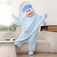 (M, Blue) Funny Large Mouth Monster-Onesie Pajamas for Kids & Adults - Soft Plush Coral Fleece, Perfect for Cosplay or Halloween Costumes