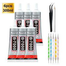 (6PCS*50ML B7000 KIT) Doorzichtige strasslijm, complete schitterende gereedschapsset met 5 puntpennen, waspotlood en precisiepincet.