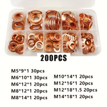 (200pcs-Box) Koperen ringpakkingset - Platte ringafdichtingsset voor boten, Assortimentsset met platte afdichtingsringen met doos