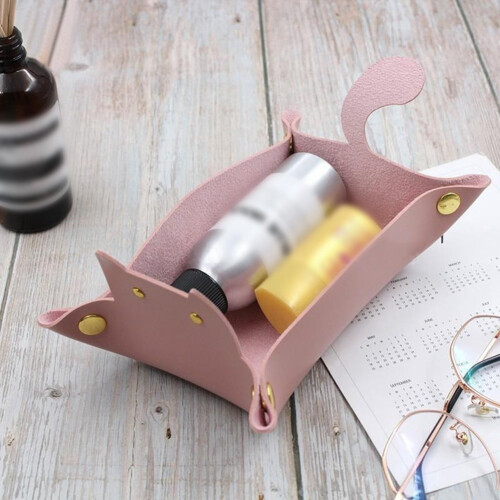 Cat-shaped leather jewelry tray pink folding 1