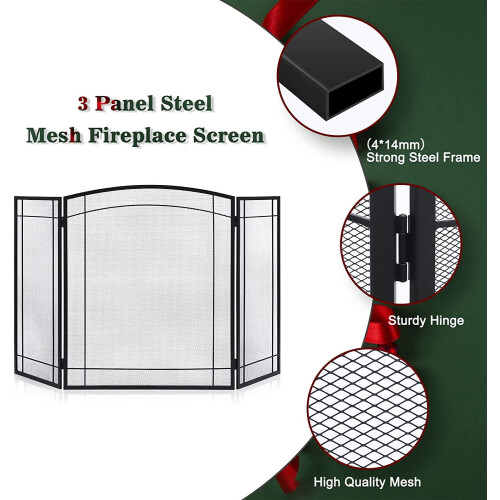 Fireplace Screen3-Panel Foldable Wrought Iron Black 1
