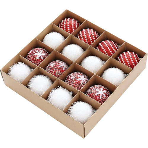 Christmas Tree Ball Ornament Set Red White Glitter 16pcs 1