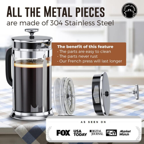 Cafetière à piston 34 oz en acier inoxydable 304 avec 2 1