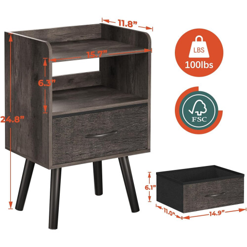 Mid-Century 2-Tier Nightstand with Fabric Drawer 2