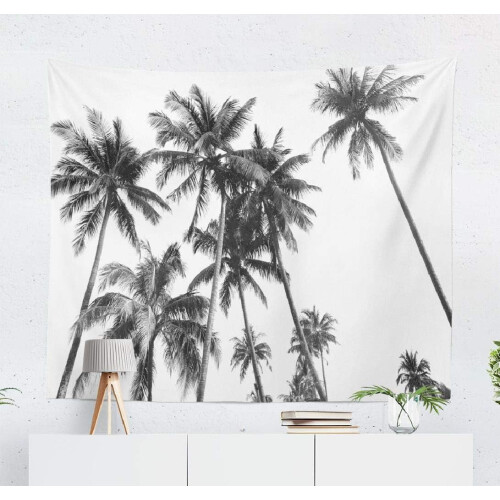 White tapestry wall hanging with black and white palm