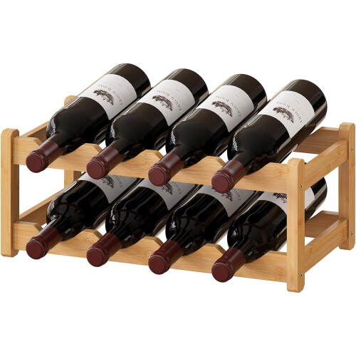 Adega de bambu natural com 2 níveis para 8 vinhos.