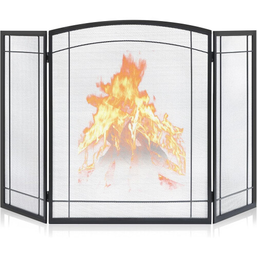 Fireplace Screen3-Panel Foldable Wrought Iron Black