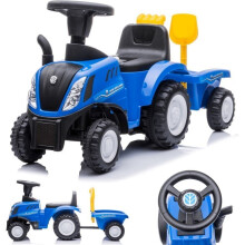 Ajettava lelu yksivuotiaalle lapselle, työntötraktori peräkärryllä, New Holland, sininen