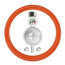 Regulador de gás Cellfast com manômetro, kit incluindo uma mangueira e dois grampos de aperto.