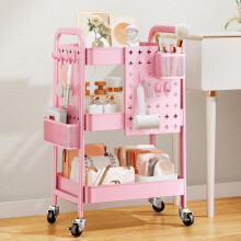 Pink 3-Tier Rolling Utility Cart with Pegboards and Baskets