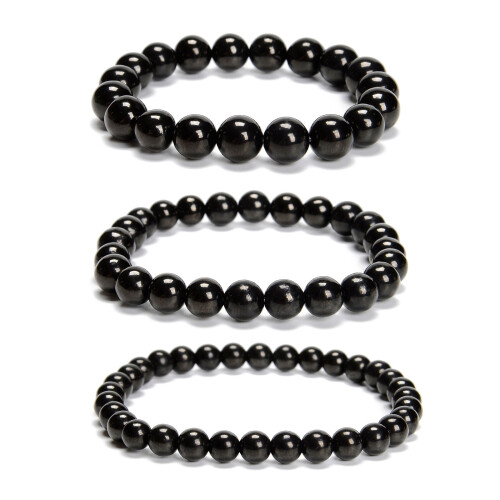 Pulseira preta lisa com contas redondas, tamanhos 6/8/10mm, comprimento de 7,5 polegadas (19 cm), conjunto com 3 peças. 1