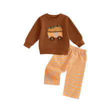 (2-3 Years, Apricot) Toddler Boy Halloween Outfits Pumpkin Embroidery Long Sleeve Round Neck Pullover + Elastic Waist Solid Pants 2 Pcs Set