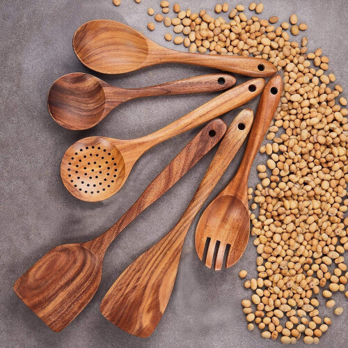 Wooden Kitchen Utensils Set Natural Teak 6 Pieces 1
