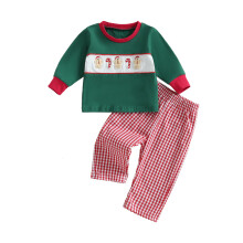(6-12 Months, Green) Baby Boy Christmas Outfits Long Sleeve Embroidery Tops + Plaid Print Pants Set Toddler Winter Clothes