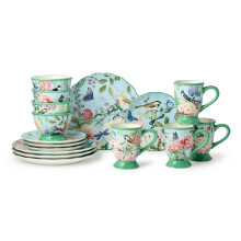 Flora 16-Piece Dinnerware Set, Service for 4 - Includes Dinner Plates, Dessert Plates, Pedestal Mugs, and Pedestal Ice Cream Bowls with Vibrant Nature