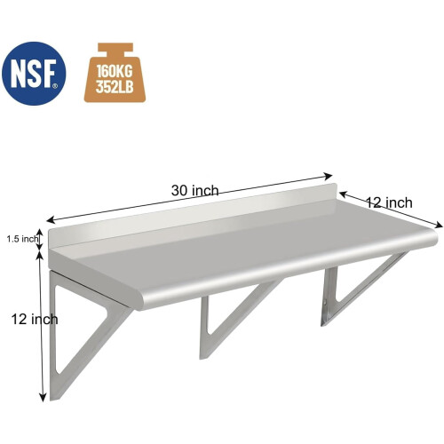 Prateleira de parede em aço inoxidável com certificação NSF, 30 cm (12 polegadas) 2