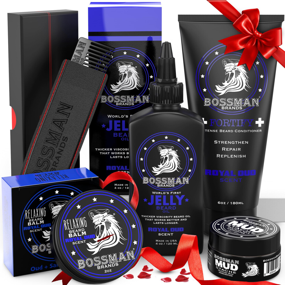 Bossman Complete Beard Kit - Men's Beard Oil Jelly, Fortifying Shower Conditioner, Balm, Mustache Wax & Comb - Beard Softener & Grooming Care - Men Gi