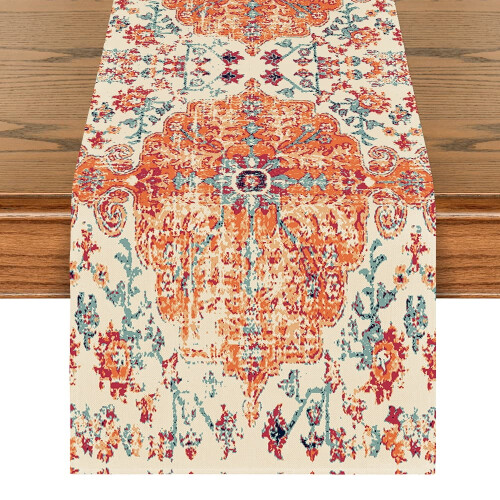Boho asztali futó, narancssárga, kék, 33x183 cm 1