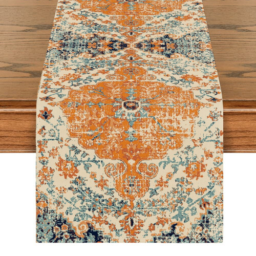 Boho tafelloper oranje blauw 13x72 inch 1