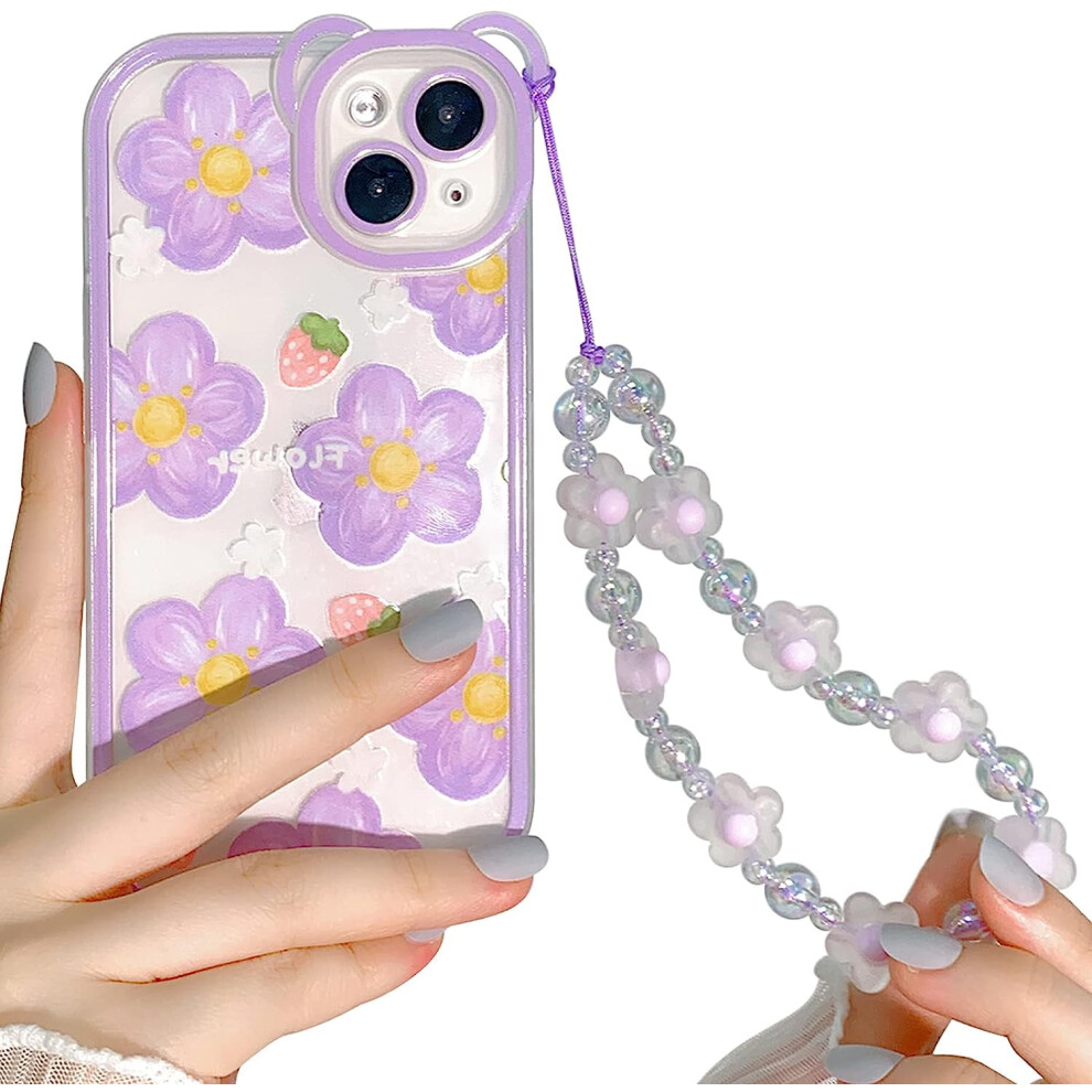 Iphone 14 Case Clear Floral Design With Chain Tpu Purple 301029592676