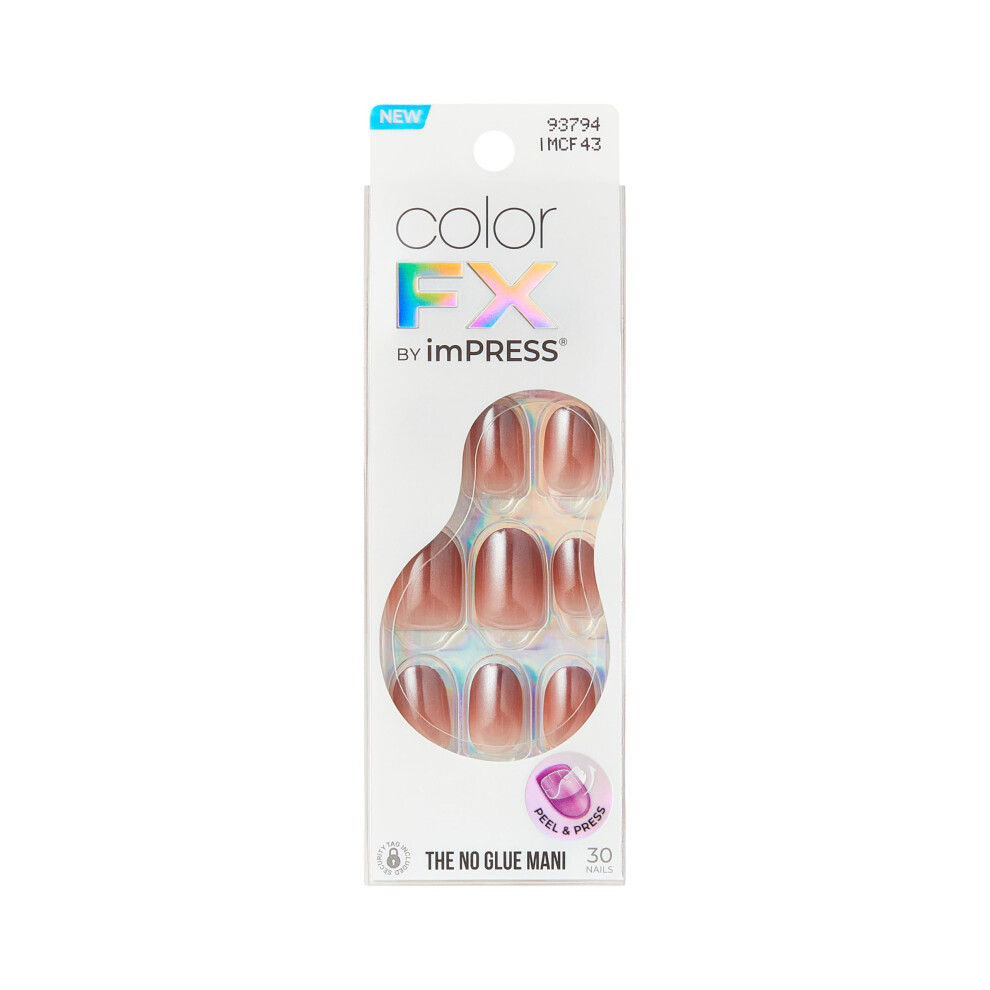 Impress Kiss No Glue Mani Press On Nails, Colorfx, 'Blissful Radiance', Brown, Short Size, Oval Shape, Includes 30 Nails, Prep Pad, Instructions Sheet